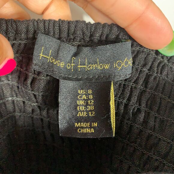 House of Harlow 1960 Black Linen Blend Puff Sleeve Crop Top Size 8 Square Neck - Picture 3 of 6